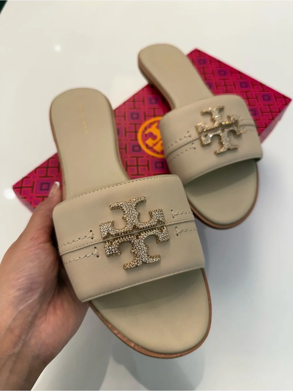 Tory Burch Everly Rhinestone Crystal Logo Slides Sandals Dulce De Leche Size 10